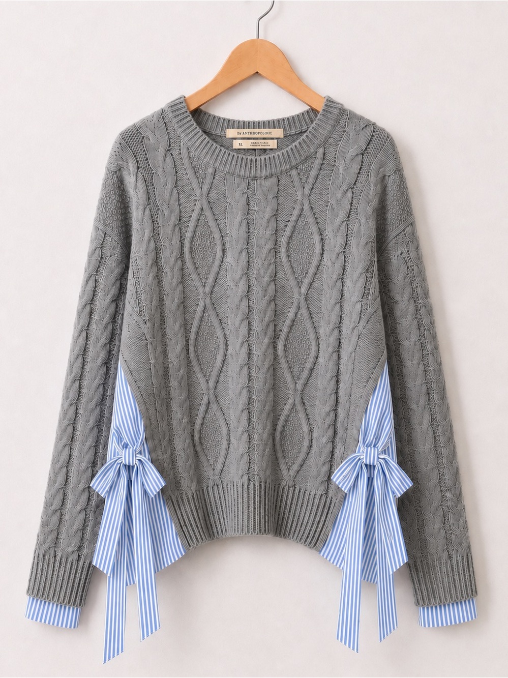 Anthropologie Gray Cable-Knit Sweater with Blue Stripe Bow Details